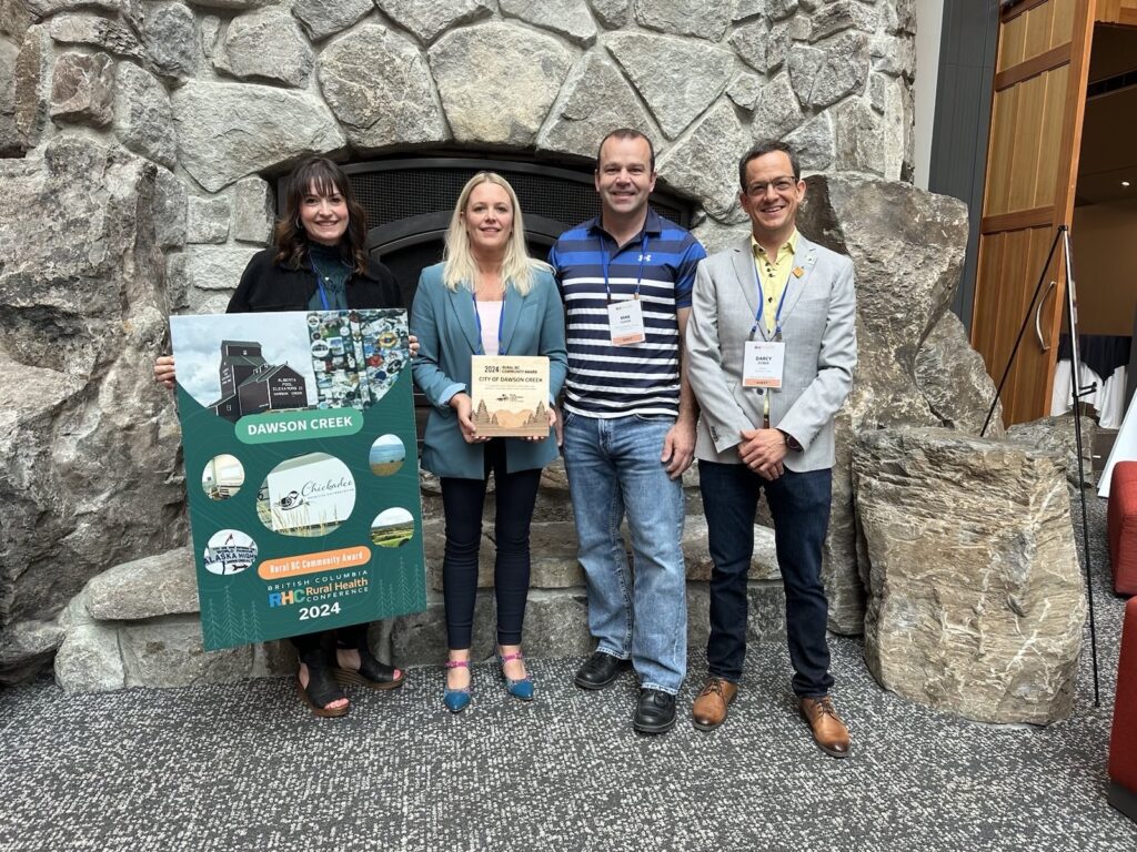 2024 BC Rural Health Award recipients Charleigh Rudy, Dr. Magda Du Plessis, Mayor Darcy Dober, Councillor Mike Sudnik (on behalf of the community of Dawson Creek).