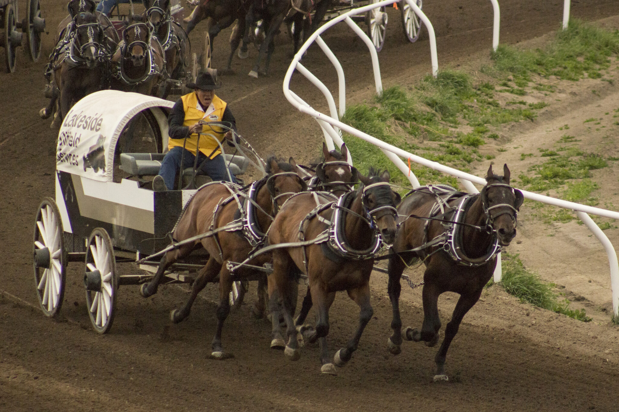 A man wearing cowboy gear and a bright yellow vest is driving a chuckwagon around a dirt race track. The wagon is being pulled by a team of four horses.